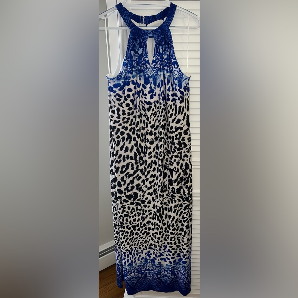 Cache royal blue and white paisley/animal print jersey knit halter maxi dress XL